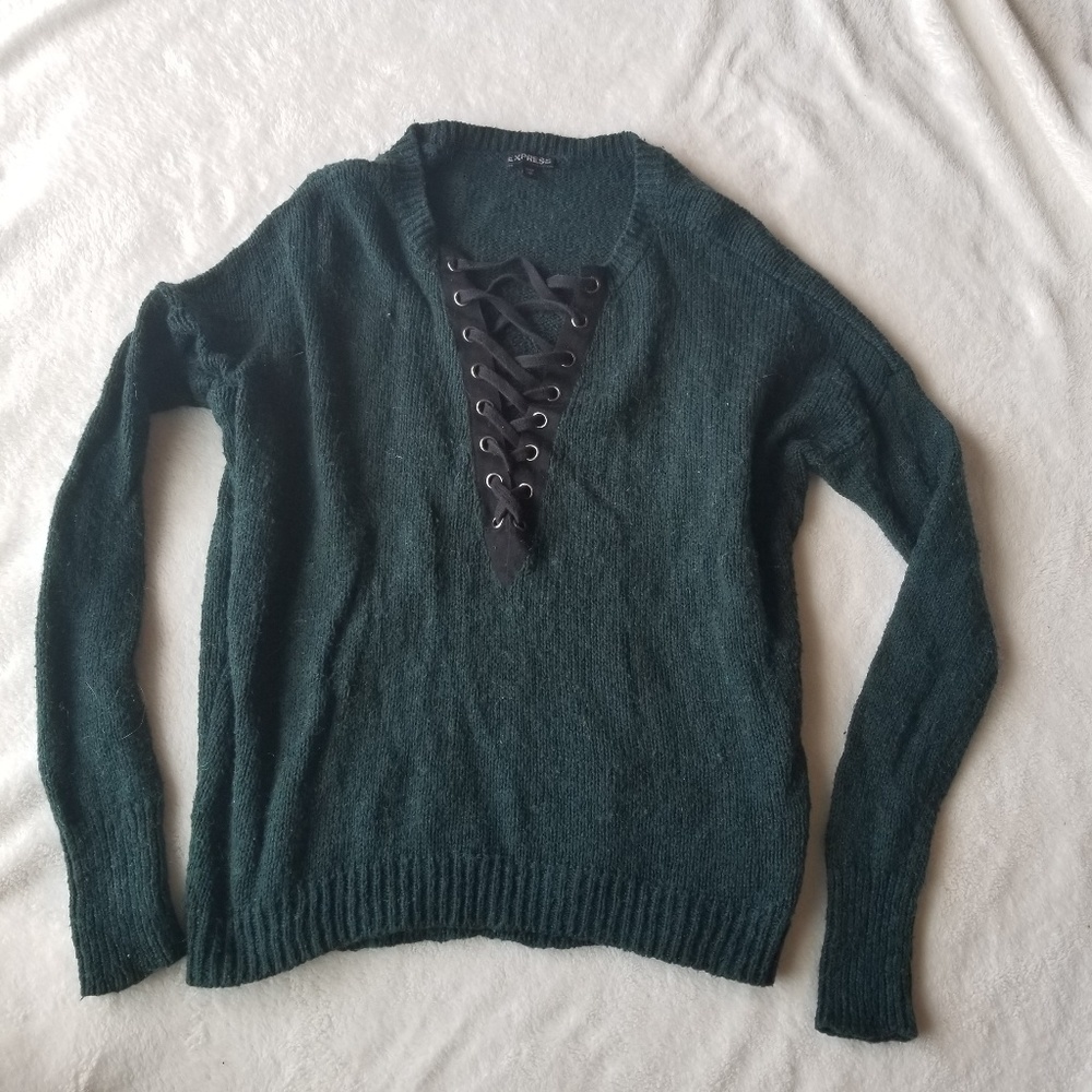 Green lace up front sweater